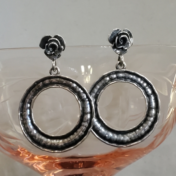 Or Paz PZ Oxidized Sterling Silver Rustic Hammered Drop Circle and Rose Earrings - Picture 5 of 13